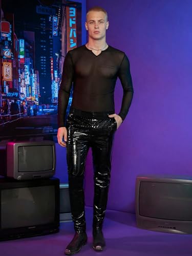 WDIRARA Men's Mesh See Through Tee Notched V Neck Long Sleeve Slim Fit Concert Rave T-Shirt Tops4