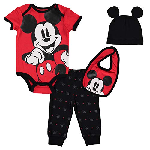 Disney Mickey Mouse Baby Boys Layette Set Bodysuit Pants Hat Bib 3-6 Months Red/Black