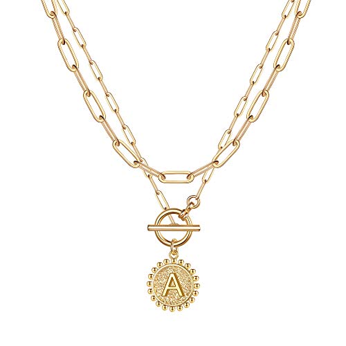 Turandoss Dainty Initial Necklaces for Women Girls, 14K Gold Plated Layering Paperclip Link Choker Necklace Personalized Disc Initial Charm A Gold Necklaces for Women Girls Jewelry Gifts