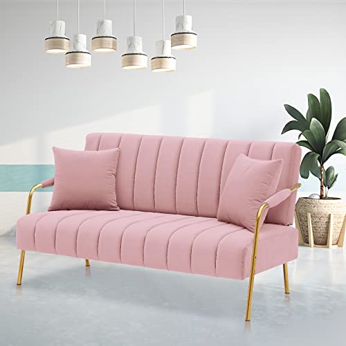 Modern Upholstered Velvet Loveseat Sofa: 60" Mid Century 2 Seater Sofa - Cashmere Sofa Couch With 2 Pillows - Gold Metal Legs - Small Spaces Bedroom Apartment Office Living Room (Pink) #TOP6