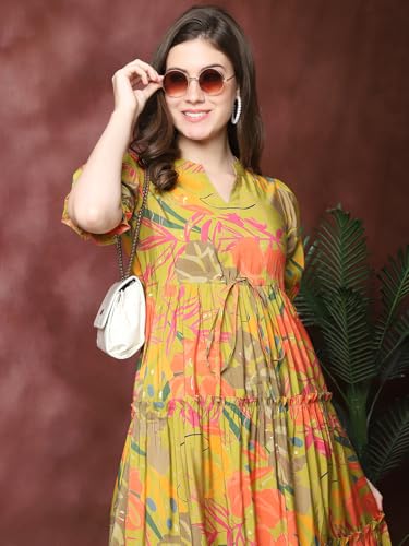 Image of Claura Women Floral Print Mandarin Collar Puff Sleeves Maxi Midi Dress