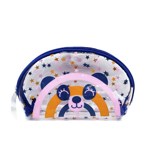 PONETTE - Neceser Niña Juvenil de Plástico Transparente con Dibujo de Oso Panda, Arcoíris, Estrellas en Azul, Naranja y Rosa, Divertido, Estuche, Chica, Bolsa de Aseo, Neceser de Viaje, Marca Española