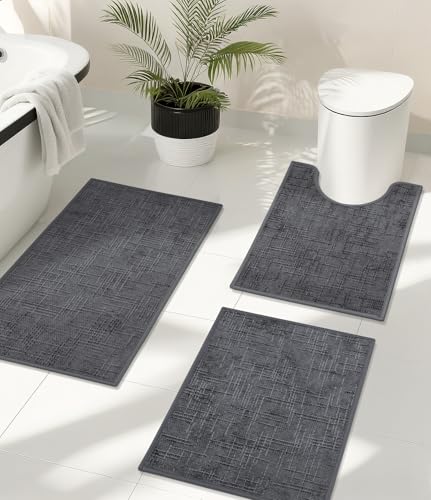 YIHOUSE Bathroom Rug Set 3 Piece Grey, Non Slip Quick Dry Absorbent Bathroom Mat Set, Ultra Thin Machine Washable Low Pile 3 Piece Bath Mat for Bathroom Sink, Grey
