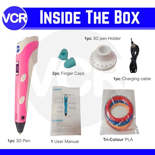 Image of VCR Pink 3D Pen with USB Power - Pack of 3 x 3 Meters in Length Filament Forward Button to start 3D Pen - Adjustable Temperature for 1.75mm PLA - Perfect Pen for DIY Craft with LCD Display