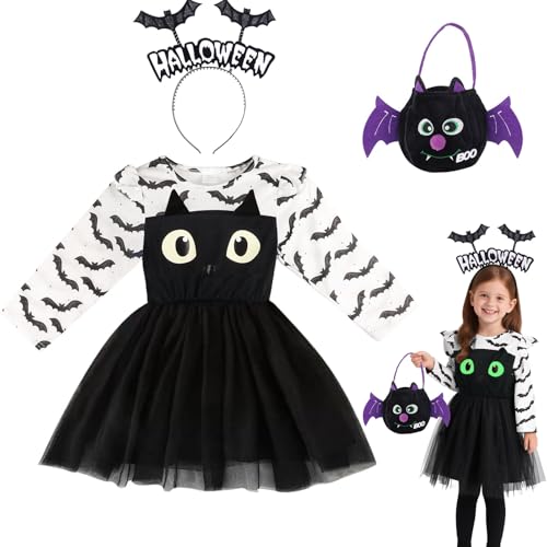 3er halloween kostüm kleinkind fledermaus glow in the dark mit haarreif ＆ tasche,5-7 jahre fledermaus kostüm kinder mädchen fledermauskostüm kleider bat costume fancy dress outfits cosplay