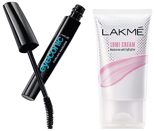 Image of Lakme Eyeconic Curling Mascara, Black 9 ml & Lakme Lumi Cream,Moisturizer with highlighter,30 gm
