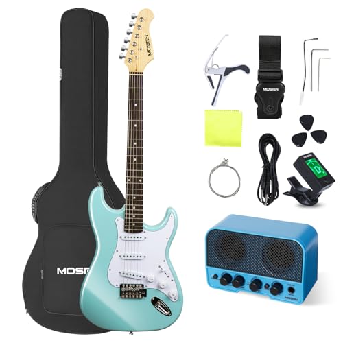 MOSEN 39in Full Size Beginner Electric Guitar Starter Kit, Beginner Starter, with Amplifier, SSS Pickups, Gig Bag, Pick, Tunner, Capo, Cable, Tremolo Bar, Wiping cloth - Blue