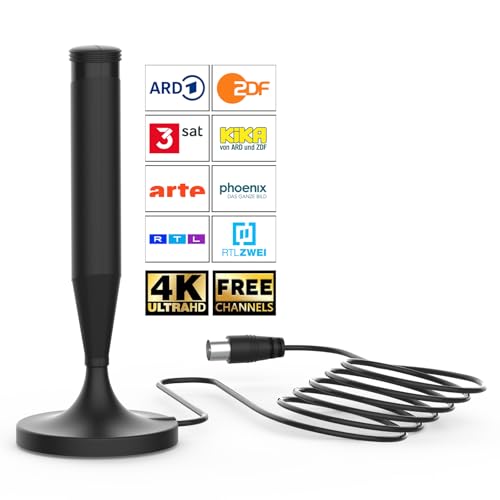 DVB-T2 Antenne Zimmerantenne für Fernseher mit Magnetfuß – 360° Empfang für DVB-T & DVB-T2 – Unterstützt 8K 4K 1080P – Kompatibel mit Allen TV-Geräten – 5m Kabel