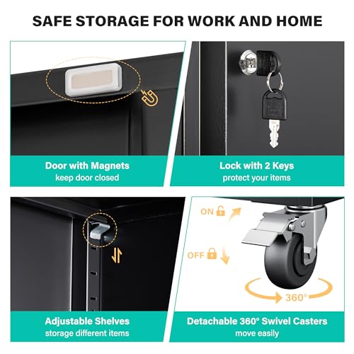 SISESOL Wide & Deep Metal Storage Cabinet with Wheels,Tall Rolling Garage Storage Cabinet with Lock,Black Metal Cabinets with Pegboards and Shelves,Tool Locker for Garage,Home,Office,43\'\'Wx 20\'\'Dx71\"H - Thumbnail 7