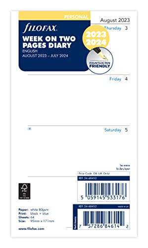 Filofax Personal week on two pages mid year diary August 23 - July 24,White