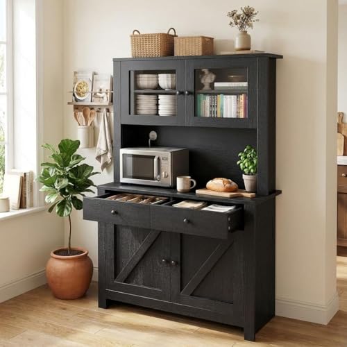 63" Tall Farmhouse Kitchen Pantry Cabinet with Microwave Stand, Freestanding Pantry Hutch Cabinet with Adjustable Shelves, Drawers & Countertop, Buffe