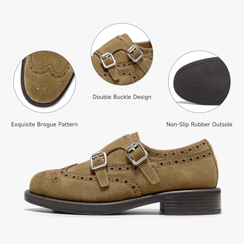 Image of BEAU TODAY Womens Leather Loafers, Monk Platform Loafer Shoes | Cowhide, Brogue Wingtip, Slip-on, Chunky Heel, Comfortable, Non-slip Durable, Business Casual Office Dress Shoes