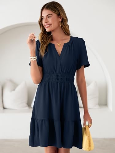 Image of Simplee Womens Casual Summer Dresses 2026 V Neck Short Sleeve Empire Waist Flowy A Line Ruffle Tiered Mini Sundress