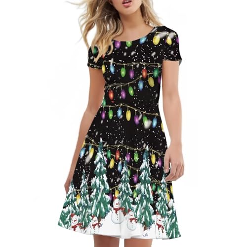 Image of POLERO Women Puffy Swing Elegant Party Midi Dresses Short Sleeve Round Neck A-Line Dress
