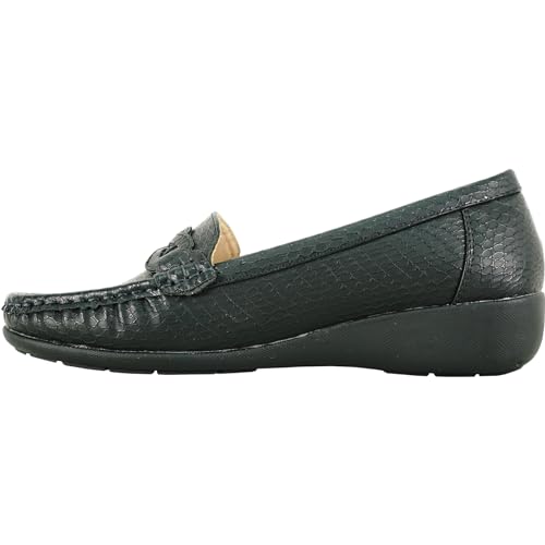 Image of KOZI Women Comfort Casual Wedge Shoe Slip-On Loafer ML Collection Round Toe Penny Loafer Removable Insole Black Champagne