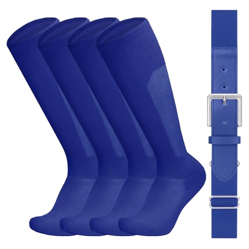LEACOOLKEY Baseball Belt and Socks Combo 2 Pairs of Softball Socks and Elastic Belt for Adult Men Women Royal Blue