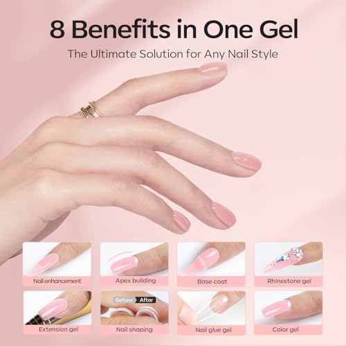 Image of modelones Builder Nail Gel with Gel Top Coat, 8-In-One Nude Pink Builder Acid Free Top Coat for Color Rubber Base Nail Polish Thickening Apex Building Shine Finish, LED Lamp Cured 10ml Home DIY Salon