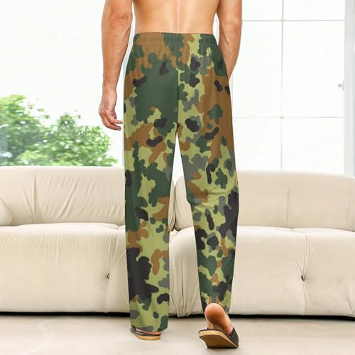 Camouflage Green Comfy Casual Pajama Pants,Print Drawstring Palazzo Lounge Pants Wide Leg2