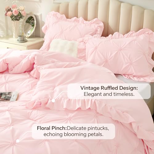 Image of BEDELITE Twin Comforter Set Ruffle-Baby Pink,Lightweight & Soft Comforter | Pintuck Boho Bedding, Warm & Cute Bed Set for All Season,With 1 Pillowcase