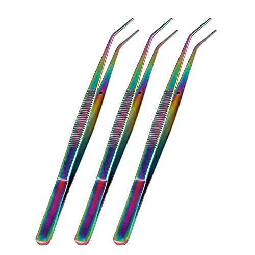 AAProTools Titanium Rainbow Color 3 Pieces Sewing Machine Tweezers College Tweezers Stainless Steel 6 Inch Serger Tweezers with Serrated Tips Serrated Bent Tweezers Tips