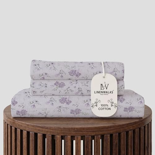 Image of LINENWALAS 100% Cotton Flat Bed Sheet for Super King Size Bed | Super Soft, Breathable, Oeko-TEX Certified 300 TC | Premium Hotel Floral Bedsheet with 2 Pillow Cover (108x120 Inches, Lavender Haze)