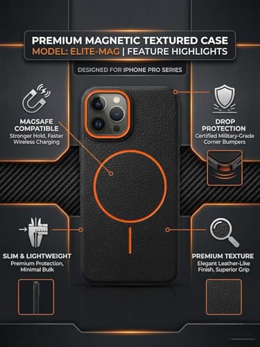 Image of amazon basics Luxury MagSafe Compatible Leather Texture Back Cover for iPhone 16 Pro | Raised Camera Protection | Slim Fit Shockproof Case with Metallic Accents (Black)