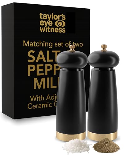 Juego de molinillos de sal y pimienta, color negro satinado, recargables, para cocina, recarga con sal de mesa o sal del Himalaya, especias para condimentar, utensilio de molinillo de mano, paquete de