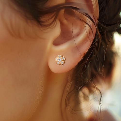 Gold Studs Earrings for Women 14k Gold Earrings for Women Flower Stud Earring for Womens Stud with Cubic Zirconia Casual Vibe and Edgy Feel CZ Studs Earring for Womens 10mm4