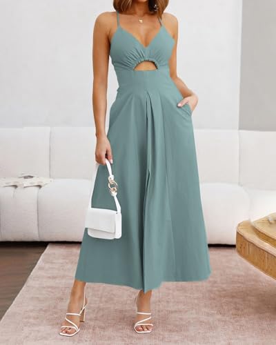 BTFBM Women 2026 Spaghetti Strap Midi Summer Dresses Sleeveless V Neck Cutout Slit Casual Beach Party Maxi Dress Pockets(Light Lake Blue, Medium) — view 6