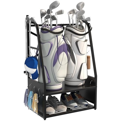 Golf Bag Organizer – Wall Mount & Freestanding | Holds 2 Golf Bags w/ 4 Club Racks, 10 Hooks & Storage Shelf – Golf Bag Stand w/ Adjustable Feet for Garage, Store, Club, Shed