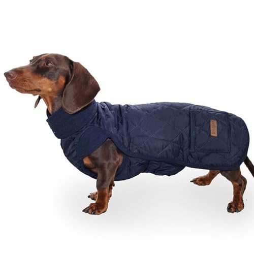 Duuclume - Casaco para cão salsicha de corpo longo - macacão térmico para animais de estimação, ajustável, com bolso e orifício para correia, impermeável e resistente ao vento para exteriores (azul, S