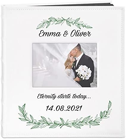 Murrano Photo Album for Couples- White Cover with a Photo Frame and a Stylish Print - 60 Black Pages to Fill in - Up to 240 Images in Multiple Size - Personalised Wedding Gift - Olives