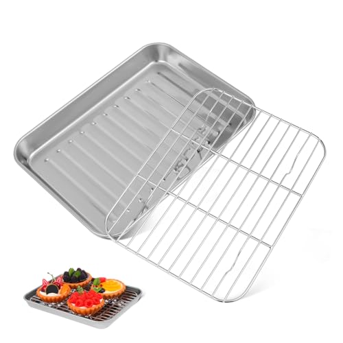 CIYODO 2 Juegos Bandejas de Horno Inoxidable con Rejilla Antiadherente Resistentes y Versátiles para Hornear Galletas Pizza y Asar Carnes