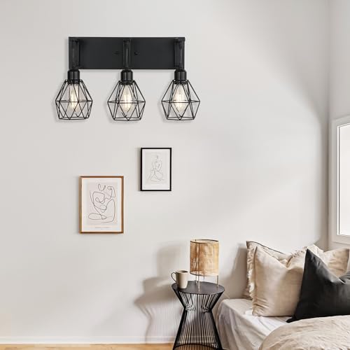 Image of Somniferous Farmhouse Bathroom Light Fixtures, 3 Light Bathroom Vanity Lights Over Mirror, Black Vanity Light with Caged Metal Shade, Rustic Wall Sconce for Bedroom, Living Room, Hallway, E26 Socket