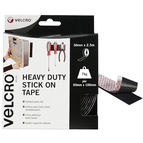 VELCRO Brand | Heavy Duty Stick On Tape | Cut-to-Length Industrial Extra Strong Double Sided Hook & Loop Self Adhesive Tape Perfect for Room Décor & Home, Office, Garage Use | Black | 50mm x 2.5m