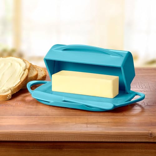 Image of Butterie Flip Top Butter Dish with Attached Lid & Matching Knife - Holds 2 Sticks, Fits Kerrygold /European Butter - BPA Free & Dishwasher Safe - Aqua