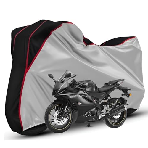 Image of Waterproof Bike Body Cover Compatible with Yamaha R15 Dustproof Scratchproof - Motorcycle Cover for Two Wheeler, Outdoor Full Cover with UV, Duty, Rain Protection (Silver Top Black) R1