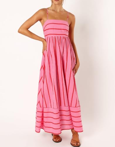 Image of KMBANGI Women Striped Sleeveless Maxi Dress Swing Patchwork Midi Dress Smocked Spaghetti Strap Colorful Long Sundress