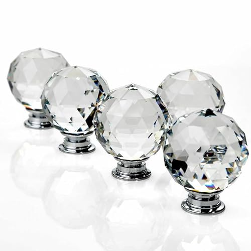 ZENO 30MM Clear Crystal Diamond Glass Door Knobs Handle Cupboard Pull Drawer Kitchen Cabinet Drawer Knob + Screw Set Home Decorating for Bedroom Furniture, Bedside Cabinet, Dresser Unit and Chest (4)