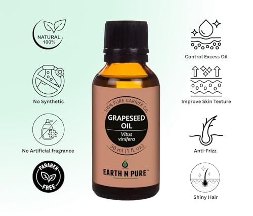Image of Earth N Pure Grapeseed Oil | 100% Pure & Natural | Cold Pressed Carrier Oil | Lightweight & Fast-Absorbing | For Skin, Hair & Massage | 30ml
