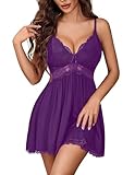 Avidlove Women Lace Nightgown Lingerie Sexy Nightie Full Slips Lace Babydoll Sleepwear Dress (Purple,M)