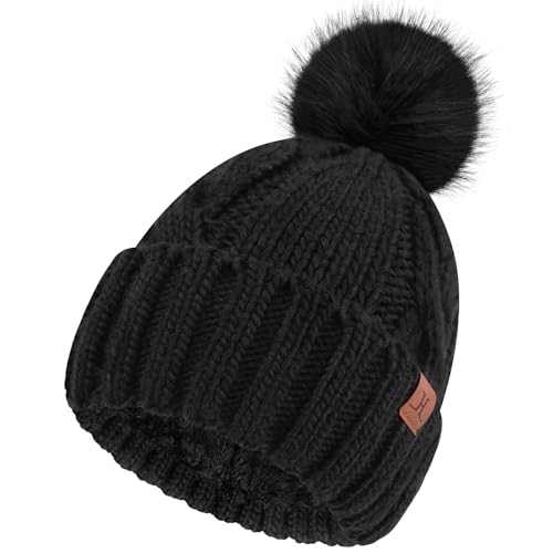 Winter Damen Mütze mit Bommel Zopfmuster Beanie Wintermütze Strickmütze Bommelmütze mit Fleece Gefütterte Frauen Geschenk, Schwarz