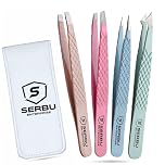 SERBU Enterprise 4 Pcs Professional Tweezers Set with Case – Stainless Steel Precision Eyebrow Tweezers Kit for Men & Women, Slant, Pointed & Flat – Non-Slip Grip with Travel Case (Multicolour)