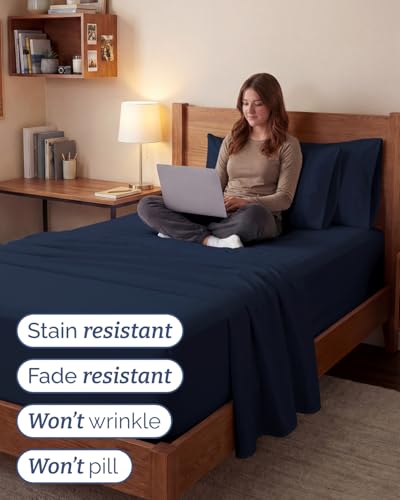Image of Extra Deep Twin XL Sheet Set - 4 Piece Breathable & Cooling - Navy Blue | Hotel Luxury Bed Sheets Set, Easy & Secure Fit, Ultra-Soft, Wrinkle & Fade Free, Comfy Sheets Set with Extra Deep Pockets