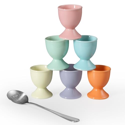 Cinf Easter Gift Macaroon 6Pack Ceramic Egg Cups With 1 Cute 304 Stainless Steel Spoon for Hard and Soft Boiled Eggs Breakfast Accessory Decoration Gift
