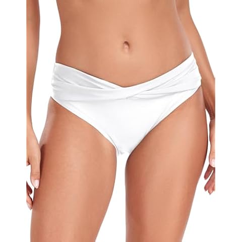 Lanmiya Women Twist Front Bikini Bottom Cheeky Swimsuit Ruched Bathing Suit Bottoms White Cover