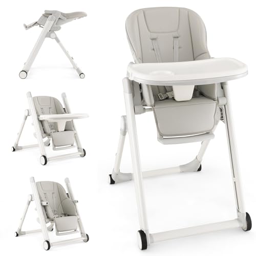GYMAX Baby Highchair, Adjustable Foldable Infant High Chair with Removable Tray, Lockable Wheels & 5-Point Harness, Toddler Dining Feeding Chairs for 6-36 Months (Light-Gray)