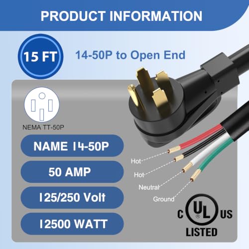Image of Nilight 50 Amp 15FT RV EV Replacement Cord 4 Prong Extension Cable