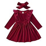 FEESHOW Baby Mädchen Langarm Kleid Samt Spitze Prinzessin Kleid A-Linie mit Bowknot Festliche Weihnachten Party Mädchenkleider Winter Warm Burgundy T 80-86/12-18 Monate