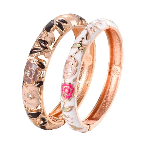 Image of UJOY Vintage Jewelry Cloisonne Handcrafted Flower Enameled Gorgeous Rhinestone Hinged Cuff Bracelet Bangles Gifts 88A10